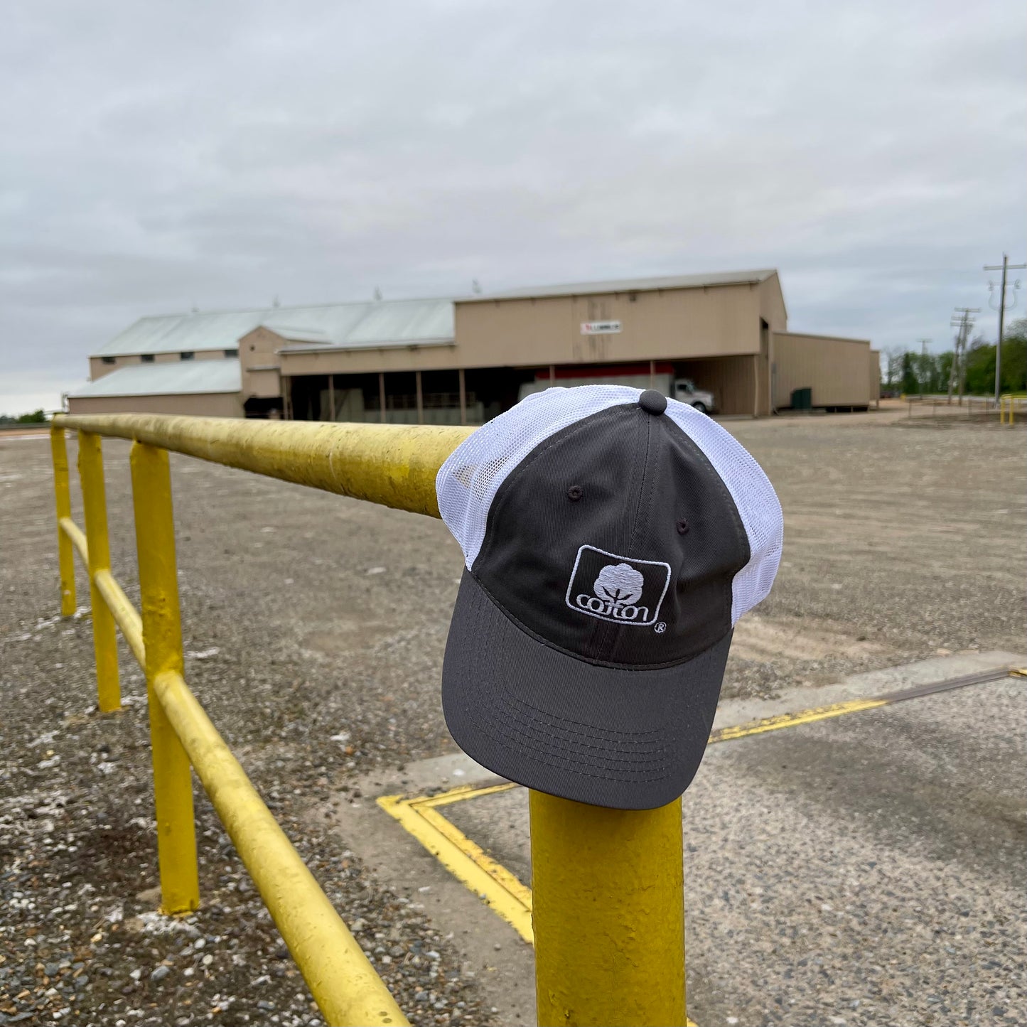 Grey and white mesh back hat with adjustable fit and embroidered Seal of Cotton logo