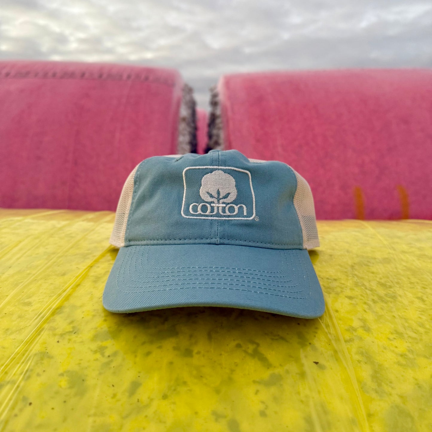 Light blue and white mesh back hat with adjustable fit and embroidered Seal of Cotton logo